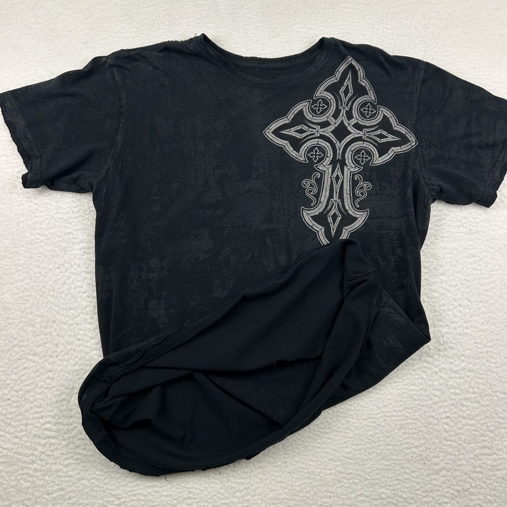 Vtg Affliction Shirt Mens XL Live‎ Fast Cross AOP Graphic Distressed Y2K Grunge - Picture 6 of 11